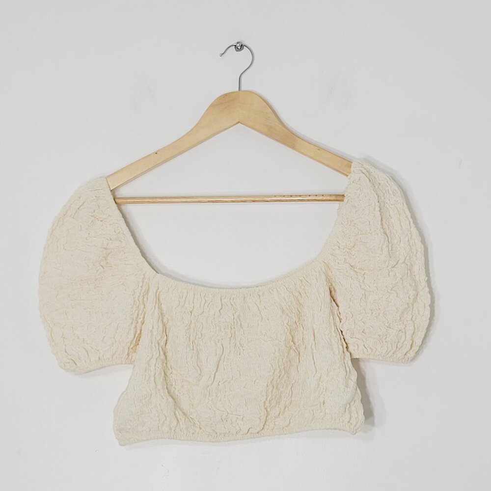 Zara Women's Cream Textured Puff Sleeve Boat Neck Smocked Crop Tops Medium NWOT